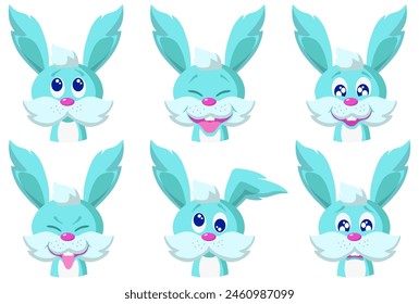 Cartoon emoji set: thinking, laughing, happy, mocking, dizzy, ready to cry. Heads of rabbits. Vector illustration.