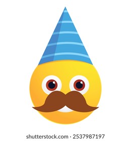 Emoji de desenho animado usando um chapéu de festa listrado azul e um bigode, mostrando felicidade e emoção