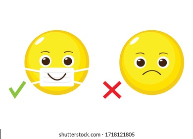 Cartoon emoji with and without medical mouth mask. Yellow emoticon with surgical mask on face. Stop coronavirus. Covid-19 protection. Epidemic safety. Quarantine warning sign

