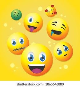 cartoon emojis icons over yellow background, colorful design, vector illustration