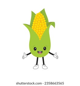Cartoon emoticon corn cob need hugs. Friendly kawaii emoji character. 
