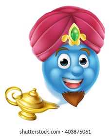 A cartoon emoticon or emoji genie like in the story of Aladdin coming out of a magic lamp