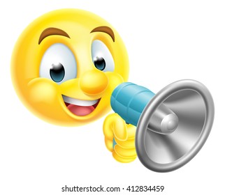 A cartoon emoticon emoji judge character holding a mega phone