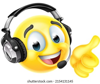 A Cartoon Emoticon Face With Headset. Customer Service, Help Desk Online Chat Support Or Similar Concept