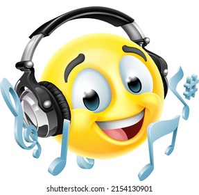 Un ícono de la cara de emoticono de caricatura usando auriculares musicales, posiblemente un DJ