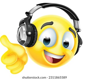 A cartoon emoticon face icon wearing music headphones, possibly a DJ