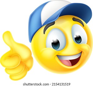 A cartoon emoticon face wearing a cap hat and giving a thumbs up