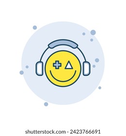 Cartoon emoticon gamer icon vector illustration. Emoji on bubbles background. Headphones sign concept.