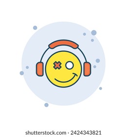 Cartoon emoticon gamer icon vector illustration. Emoji on bubbles background. Headphones sign concept.