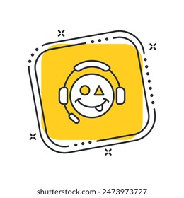 Cartoon emoticon gamer icon vector illustration. Emoji on isolated yellow square background. Headphones sign concept.