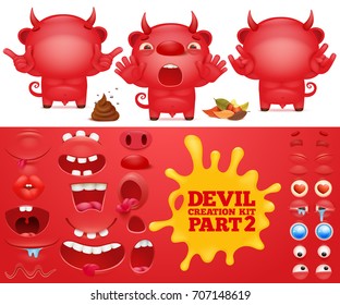 Cartoon emoticon red devil character creation kit. Vector illustration