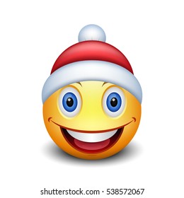 Cartoon emoticon smiley with Santa Hat, vector isolated color illustration. Smiley as Santa Claus.