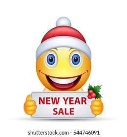 Cartoon emoticon smiley with Santa Hat holding a banner New Year sale, vector isolated color illustration.