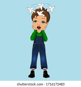 cartoon emoticon with a stunned, discouraged, bumped guy, with birds circling over his head, color simple clip-art, boy emoji on blue isolated background