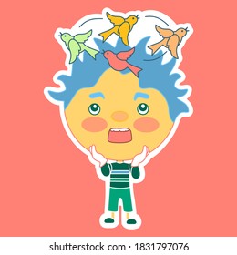 Cartoon Emoticon With A Stunned, Discouraged, Bumped Chibi Guy, With Birds Circling Over His Head, Color Simple Clip-art, Emoji On Isolated Background