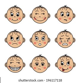 Cartoon emoticons set with round baby faces 