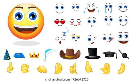 Cartoon emotion creation elements set with eyes mouth different hats and hand gestures for various feelings isolated vector illustration