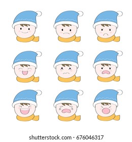 Cartoon emotion cute boy in winter hats
