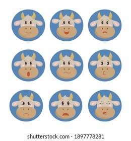 Cartoon emotion set of Character Cow face. Chinese New Year symbol. Vector illustration.