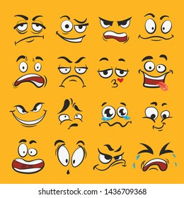 Cartoon emotion set, different cute face expressions. Feeling, mood, or relationships symbol. Vector flat style cartoon emotion illustration on yellow background