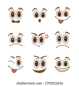 Cartoon emotion vector set, cute funny emotional faces. Collection of facial expressions, surprised, happy, sad, angry. Vector flat style cartoon emoji illustration.