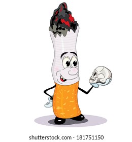 Cartoon emotional burning cigarette holds a skull in a hand on white background.