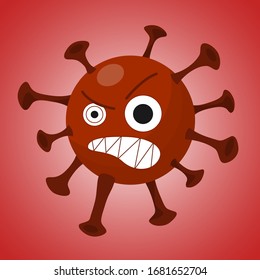 Cartoon emotional character: red, dangerous coronavirus laughing. The virus is isolated on a dark background