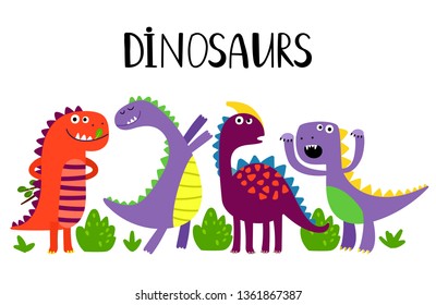 Cartoon emotional dinosaurs vector isolated on white background. Illustration of dino, jurassic predator, comic prehistoric reptile