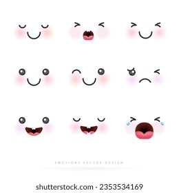 Cartoon emotions cute faces. eyes and mouths japanese emoticon in in different expressions. expression anime character and different emotion mood, happy, sad, smile face. comic line art vector design.