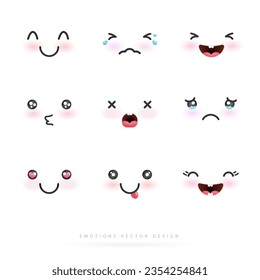 Cartoon emotions cute faces. eyes and mouths japanese emoticon in in different expressions. expression anime character and different emotion mood, happy, sad, smile face. comic line art vector design.