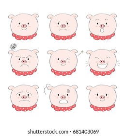 Cartoon emotions cuts pig vector.