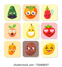 Cartoon emotions fruit characters natural food vector smile nature happy expression juicy mascot tasty design.