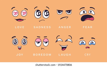 Cartoon emotions. Love, joy and anger, sadness and laughter, boredom and laughter, cry. Funny characters face vector isolated elements. Illustration anger and love, cry and sad, smile emoticon