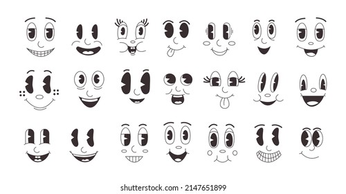 Cartoon emotions. Retro comic faces collection with smile emotion, vintage face of mascot character. Vector clip art collection. Facial expressions with happy and cheerful feelings