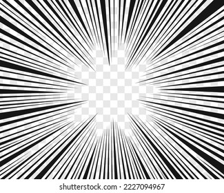 Cartoon emphasis effect. Comic manga book page template. Radial black lines frame on transparent background. Splash, boom, bang, explosion, glow, scream, flash design. Vector graphic illustration