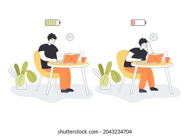 Cartoon employee becoming exhausted in office. Happy and tired or bored male worker working on computer at table flat vector illustration. Health, burnout syndrome concept for banner, website design