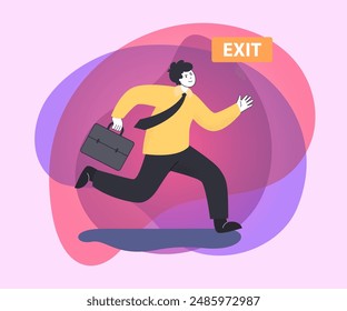 Cartoon employee with briefcase escaping from office. Businessman running towards emergency exit or fire escape flat vector illustration. Safety, evacuation concept for banner or landing web page