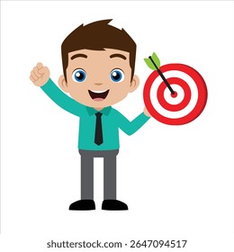 funcionário de desenho animado segurando alvo do dart board. um empresário atingiu seu alvo de trabalho