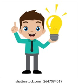 cartoon employee holding a light bulb. a businessman gets a brilliant idea