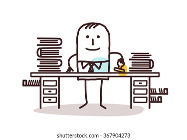 cartoon employee man working at his desk