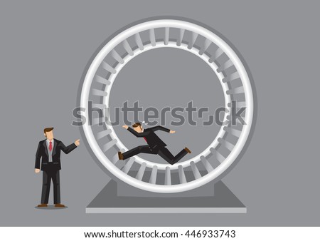 Cartoon employee running hard in giant spinning human hamster wheel. Cartoon business illustration on corporate rat race metaphor isolated on grey background.
