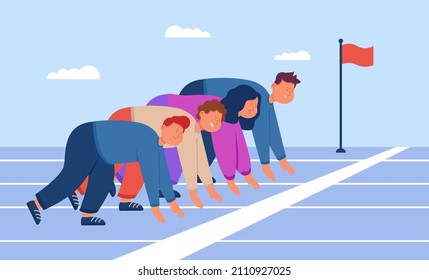 Cartoon employees getting ready for sprint race at start line. Young office workers or clerks competing in running, business competitors flat vector illustration. Competition, career, rivalry concept