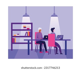Cartoon employees work at laptops. Characters doing their job in shared working environment. Multicultural team. Coworking center. Brainstorming ideas. People talking in open space office. Vector