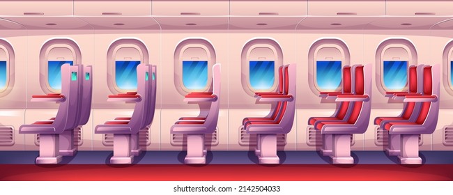 Cartoon Empty Airplane Interior With Aircraft Windows And Red Passenger Seats In Row. Economy Class Plane Cabin Inside View With Chairs And Portholes. Aircraft Salon Armchairs For Jet Trip.