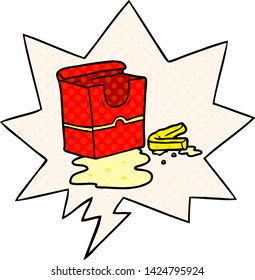 cartoon empty box of fries with speech bubble in comic book style