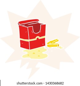 caricatura caja vacía de papas fritas con burbuja de habla en estilo retro