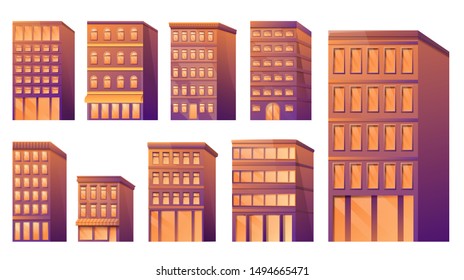 Cartoon empty city street with buildings in the morning, vector illustration.
