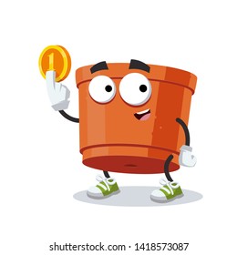 cartoon empty clay pot for plants mascot keeps the coin on white background