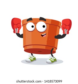 cartoon empty clay pot for plants mascot in red boxing gloves on white background