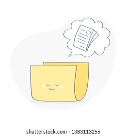 Cartoon empty folder thinking, misses about file or document. Cute cartoon office icon. Flat line vector illustration on white.